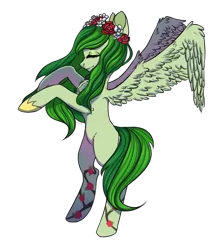 Size: 840x951 | Tagged: artist needed, safe, derpibooru import, oc, oc:princessflora, alicorn, pony, 2019 community collab, derpibooru community collaboration, alicorn oc, female, flower, flower in hair, green hair, horn, mare, pink eyes, princess oc, simple background, solo, spread wings, standing, transparent background, wings