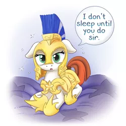 Size: 4921x4921 | Tagged: safe, artist:adequality, artist:lockerobster, artist:princeblueblood, derpibooru import, oc, oc:brave, unofficial characters only, earth pony, pony, absurd resolution, bed, bedroom eyes, cute, dialogue, exhausted, female, floppy ears, guardsmare, hoof shoes, insomnia, lidded eyes, looking at you, mare, ocbetes, open mouth, prone, protecting, royal guard, simple background, sleepy, solo, speech, sweet dreams fuel, talking, tired, white background