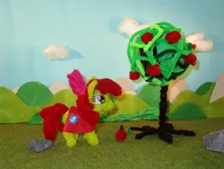 Size: 1333x1000 | Tagged: safe, artist:malte279, derpibooru import, apple bloom, apple, apple tree, cape, chenille, chenille stems, chenille wire, clothes, craft, food, pipe cleaners, pipe cleaner sculpture, tree