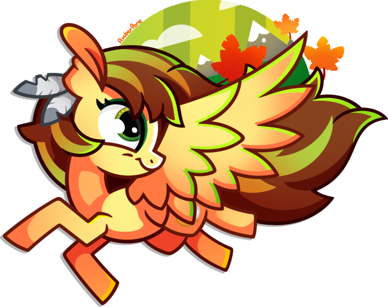 Size: 1864x1477 | Tagged: safe, artist:amberpone, derpibooru import, oc, oc:moxie, unofficial characters only, pegasus, pony, autumn, autumn leaves, brown mane, circle background, commission, cutie mark, digital art, eyes open, female, flying, green eyes, leaf, lighting, long hair, long mane, looking up, mare, mountain, paint tool sai, shading, simple background, smiling, transparent background, wings