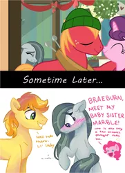 Size: 622x858 | Tagged: safe, artist:dreamscapevalley edits, derpibooru import, edit, screencap, big macintosh, braeburn, marble pie, pinkie pie, sugar belle, best gift ever, a happy ending for marble pie, aftermath, blushing, braeble, cute, female, good end, heartbroken marble, introduction, male, nuzzling, ship sinking, shipper on deck, shipper pie, shipping, shipping denied, shy, side chick, smiling, sometime later..., straight, sugarmac