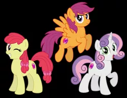 Size: 4096x3162 | Tagged: safe, artist:aleximusprime, derpibooru import, apple bloom, scootaloo, sweetie belle, pony, black background, cutie mark crusaders, older, older apple bloom, older scootaloo, older sweetie belle, one eye closed, open mouth, simple background, smiling, wink