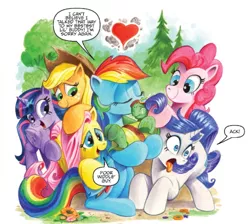 Size: 634x569 | Tagged: safe, artist:andypriceart, derpibooru import, idw, applejack, fluttershy, pinkie pie, rainbow dash, rarity, tank, twilight sparkle, twilight sparkle (alicorn), alicorn, earth pony, pegasus, pony, tortoise, unicorn, spoiler:comic, spoiler:comic41, applejack's hat, best friends, cowboy hat, cute, dialogue, eyes closed, female, friendship, glasses, happy, hat, heart, mane six, mare, simple background, speech bubble, stetson, text, tree, white background