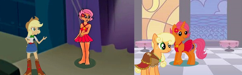 Size: 3021x935 | Tagged: safe, artist:leandrovalhalla, derpibooru import, applejack, oc, oc:dance illusions, equestria girls, barefoot, canterlot, canterlot high, clothes, dress, equestria girls-ified, feet, gala dress