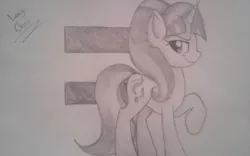 Size: 1024x641 | Tagged: safe, artist:envygirl95, derpibooru import, starlight glimmer, pony, unicorn, cutie mark background, equal sign, female, gray background, grayscale, mare, monochrome, pencil drawing, raised hoof, signature, simple background, solo, traditional art