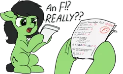 Size: 3742x2259 | Tagged: safe, artist:smoldix, derpibooru import, oc, oc:anonfilly, unofficial characters only, earth pony, pony, annoyed, dialogue, exclamation point, f, fail, female, filly, hoof hold, interrobang, math, paper, question mark, simple background, sitting, speech, talking, test, text, transparent background