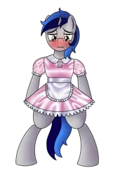 Size: 900x1400 | Tagged: safe, artist:cappie, derpibooru import, oc, oc:cappie, unofficial characters only, pony, unicorn, bipedal, blushing, clothes, crossdressing, forced feminization, maid, male, satin, shiny, silk, simple background, sissy, skirt, solo, stallion, transparent background, uniform