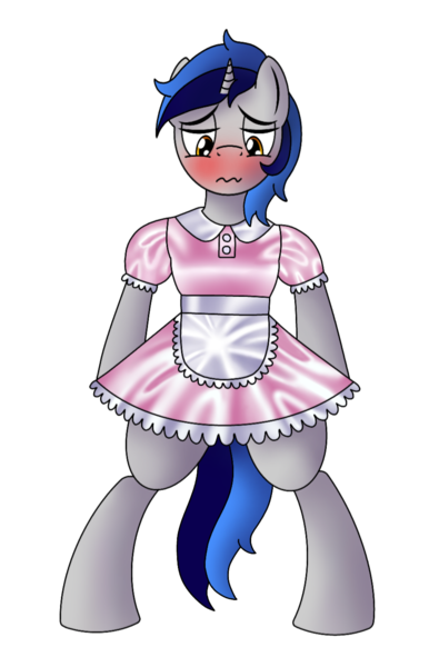 Size: 900x1400 | Tagged: suggestive, artist:cappie, derpibooru import, oc, oc:cappie, unofficial characters only, pony, unicorn, bipedal, blushing, clothes, crossdressing, crotch bulge, erection, forced feminization, implied penis, maid, male, penis, satin, shiny, silk, simple background, sissy, skirt, skirt boner, solo, stallion, tenting, transparent background, uniform