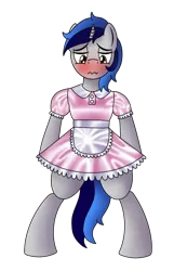 Size: 900x1400 | Tagged: suggestive, artist:cappie, derpibooru import, oc, oc:cappie, unofficial characters only, pony, unicorn, bipedal, blushing, clothes, crossdressing, crotch bulge, erection, forced feminization, implied penis, maid, male, penis, satin, shiny, silk, simple background, sissy, skirt, skirt boner, solo, stallion, tenting, transparent background, uniform