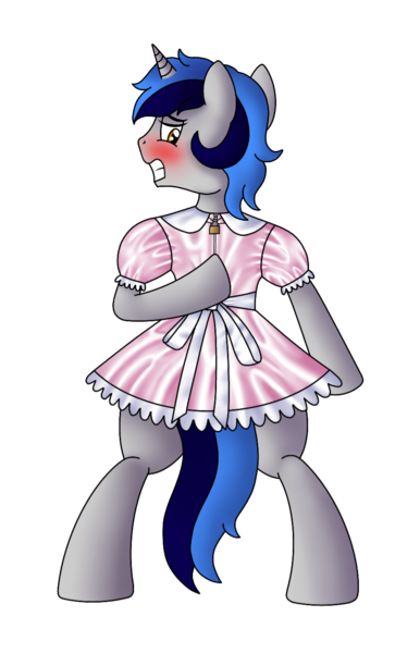1507162 - safe, artist:cappie, derpibooru import, oc, oc:cappie, unofficial  characters only, pony, unicorn, bipedal, blushing, clothes, crossdressing, forced  feminization, lock, locking dress, maid, male, padlock, satin, shiny, silk,  simple background ...