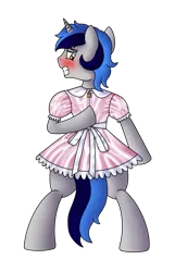 Size: 900x1400 | Tagged: safe, artist:cappie, derpibooru import, oc, oc:cappie, unofficial characters only, pony, unicorn, bipedal, blushing, clothes, crossdressing, forced feminization, lock, locking dress, maid, male, padlock, satin, shiny, silk, simple background, sissy, skirt, solo, stallion, transparent background, uniform, zipper