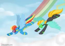 Size: 4950x3510 | Tagged: safe, artist:raspberrystudios, derpibooru import, lightning dust, rainbow dash, pony, clothes, cloud, flight trail, goggles, race, sky, uniform, washouts uniform, wonderbolts uniform