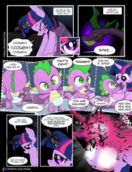 Size: 1275x1650 | Tagged: semi-grimdark, artist:dsana, derpibooru import, spike, twilight sparkle, twilight sparkle (alicorn), alicorn, dragon, pony, comic:the shadow shard, baby, baby spike, comic, dialogue, female, filly, filly twilight sparkle, flashback, glowing eyes, magic, male, mama twilight, mare, spikezilla, younger