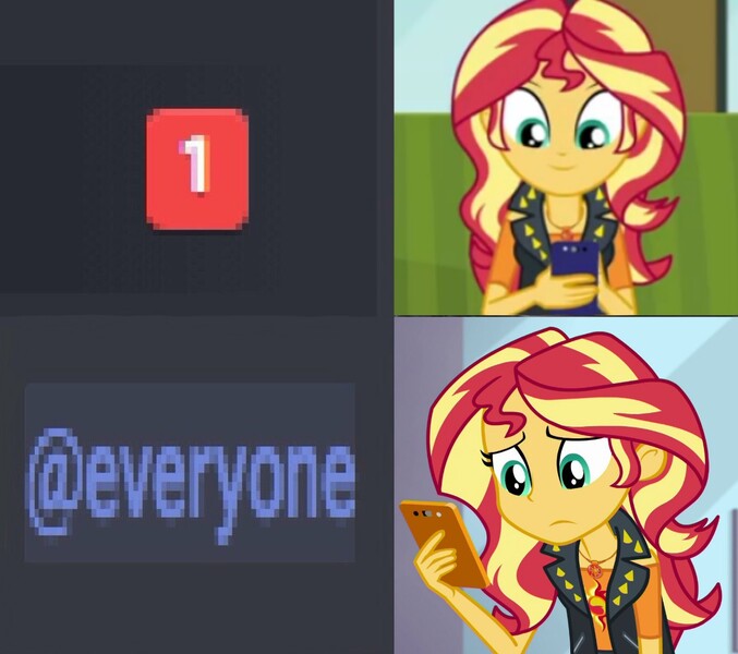 Size: 1219x1080 | Tagged: safe, derpibooru import, edit, edited screencap, editor:apex soundwave, screencap, sunset shimmer, equestria girls, equestria girls series, text support, @everyone, discord (program), female, happy, meme, notification, notification meme, reaction image, sad, solo