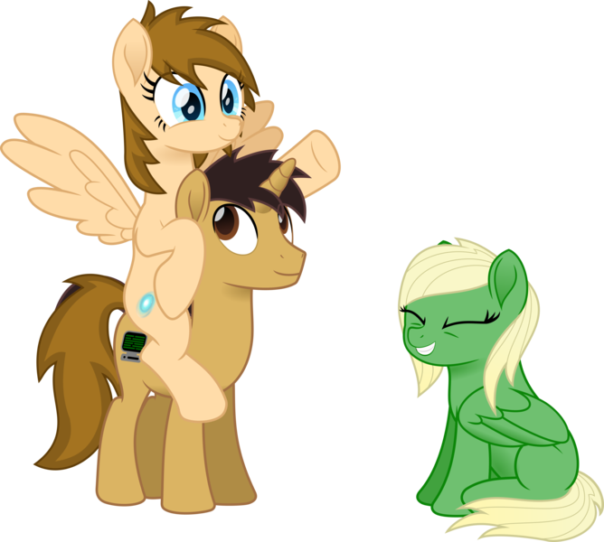 Size: 4152x3728 | Tagged: safe, artist:peahead, derpibooru import, oc, oc:data wave, oc:stellar winds, unofficial characters only, pegasus, pony, unicorn, absurd resolution, blue eyes, brown eyes, female, grin, happy, male, mare, movie accurate, piggyback ride, ponies riding ponies, raised hoof, riding, simple background, sitting, smiling, spread wings, stallion, transparent background, transparent mane, trio, vector, wings