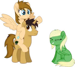 Size: 4152x3728 | Tagged: safe, artist:peahead, derpibooru import, oc, oc:data wave, oc:stellar winds, unofficial characters only, pegasus, pony, unicorn, absurd resolution, blue eyes, brown eyes, female, grin, happy, male, mare, movie accurate, piggyback ride, ponies riding ponies, raised hoof, riding, simple background, sitting, smiling, spread wings, stallion, transparent background, transparent mane, trio, vector, wings