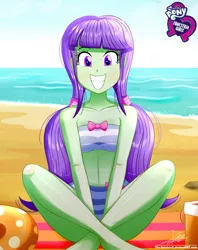 Size: 920x1160 | Tagged: safe, artist:the-butch-x, derpibooru import, part of a set, starlight, equestria girls, equestria girls series, background human, barefoot, beach, beach babe, bikini, bikini babe, bow, breasts, busty starlight, butch's hello, clothes, cute, equestria girls logo, feet, female, grin, hello x, looking at you, midriff, sitting, smiling, solo, swimsuit