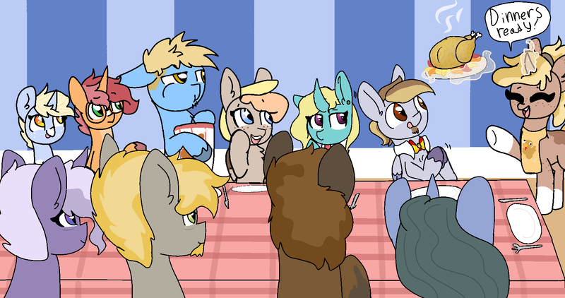 Size: 1780x940 | Tagged: safe, artist:nootaz, derpibooru import, oc, oc:blank space, oc:chocolate turnover, oc:game guard, oc:mudslide, oc:nootaz, oc:nora swirl, oc:seafoam breeze, oc:spear line, oc:steam sheild, oc:sugarcube, oc:waffle line, bird, turkey, cooked, dead, food, gametaz, holiday, meat, ponies eating meat, thanksgiving