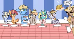 Size: 1780x940 | Tagged: safe, alternate version, artist:nootaz, derpibooru import, oc, oc:blank space, oc:chocolate turnover, oc:game guard, oc:nootaz, oc:nora swirl, oc:seafoam breeze, oc:waffle line, bird, turkey, cooked, dead, food, gametaz, holiday, meat, ponies eating meat, thanksgiving