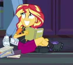 Size: 567x498 | Tagged: safe, derpibooru import, screencap, sci-twi, sunset shimmer, twilight sparkle, equestria girls, equestria girls series, the finals countdown, awkward smile, book, cropped, offscreen character