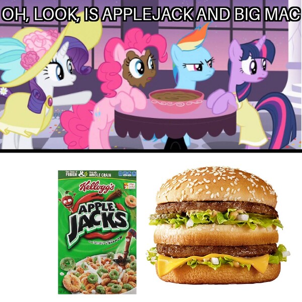 Size: 1024x1024 | Tagged: 1000 hours in ms paint, applejack, apple jacks, big mac (burger), big macintosh, burger, caption, cereal, derpibooru import, edit, edited screencap, food, hamburger, image macro, pinkie pie, pun, rainbow dash, rarity, safe, screencap, shitposting, sweet and elite, text, twilight sparkle, visual pun