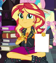 Size: 527x591 | Tagged: safe, derpibooru import, edit, edited screencap, screencap, fluttershy, rainbow dash, sunset shimmer, equestria girls, equestria girls series, the finals countdown, book, cropped, cute, drawing, exploitable meme, geode of empathy, magical geodes, meme, pencil, shimmerbetes, sunset's note, template