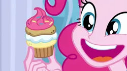 Size: 1920x1080 | Tagged: safe, derpibooru import, screencap, pinkie pie, equestria girls, equestria girls series, super squad goals, :d, cupcake, cute, diapinkes, faic, food, happy, ponk, puffcake, solo