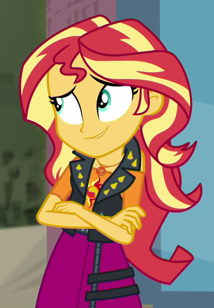 Size: 607x873 | Tagged: safe, derpibooru import, screencap, sunset shimmer, display of affection, equestria girls, equestria girls series, cropped, crossed arms, geode of empathy, magical geodes, nervous, solo