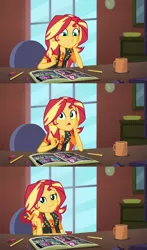 Size: 1607x2732 | Tagged: safe, derpibooru import, screencap, sunset shimmer, equestria girls, equestria girls series, super squad goals, breaking the fourth wall, cheek squish, eraser, fourth wall, geode of empathy, looking at you, magical geodes, marker, mug, pencil, smiling, smirk, smugset shimmer, solo, squishy cheeks, sunset's apartment