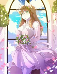 Size: 3138x4096 | Tagged: safe, artist:hakkids2, derpibooru import, oc, unofficial characters only, anthro, unicorn, anthro oc, bouquet, breasts, chest fluff, cleavage, cleavage fluff, clothes, cloud, dress, female, flower, flower in hair, gloves, long gloves, looking at you, mare, open mouth, plant, signature, sky, solo, wedding dress, window