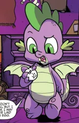 Size: 315x488 | Tagged: artist:pencils, bingo balls, claws, cropped, derpibooru import, dragon, idw, male, safe, speech bubble, spike, spoiler:comic, spoiler:comic70, spread wings, winged spike, wings