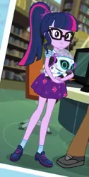 Size: 395x783 | Tagged: safe, derpibooru import, screencap, bright idea, sci-twi, twilight sparkle, robot, a queen of clubs, equestria girls, equestria girls series, clothes, cropped, female, glasses, legs, looking at you, offscreen character, ponytail, robot dog, shoes, skirt, smiling, socks