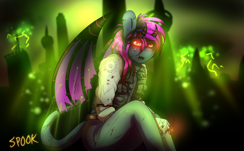 Size: 3480x2160 | Tagged: anthro, apocalypse, artist:aaa-its-spook, blood, cigarette, dark, demon, derpibooru import, fallout, fallout equestria, female, glowing eyes, horns, lightning, lipstick, oc, oc:spook, radiation, scar, semi-grimdark, sitting, solo, storm, tail, wings