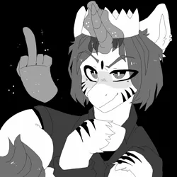 Size: 1500x1500 | Tagged: safe, artist:faract, derpibooru import, oc, oc:etoz, unofficial characters only, pony, unicorn, black and white, black background, clothes, crown, female, fuck you, glowing horn, grayscale, hand, horn, jewelry, magic, magic hands, mare, middle finger, monochrome, regalia, shirt, simple background, smiling, smirk, vulgar