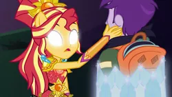 Size: 1920x1080 | Tagged: safe, derpibooru import, screencap, jewelry thief (character), sunset shimmer, equestria girls, equestria girls series, super squad goals, blank eyes, crystal guardian, empathy, geode of empathy, glowing eyes, magical geodes, ponied up, thief, white eyes