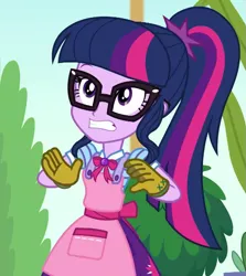 Size: 933x1046 | Tagged: safe, derpibooru import, screencap, sci-twi, twilight sparkle, equestria girls, equestria girls series, my little shop of horrors, apron, clothes, cropped, geode of telekinesis, glasses, gloves, gritted teeth, magical geodes, scared, solo