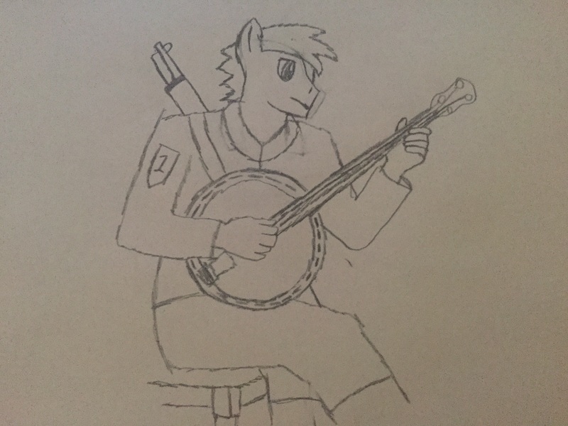 Size: 3264x2448 | Tagged: anthro, artist:razhunter, banjo, clothes, derpibooru import, drawing, jacket, m1 garand, musical instrument, oc, oc:hunter, safe, solo, traditional art