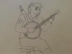 Size: 3264x2448 | Tagged: anthro, artist:razhunter, banjo, clothes, derpibooru import, drawing, jacket, m1 garand, musical instrument, oc, oc:hunter, safe, solo, traditional art