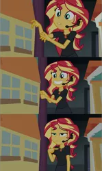 Size: 1623x2731 | Tagged: safe, derpibooru import, screencap, sunset shimmer, equestria girls, equestria girls series, opening night, cute, director shimmer, frown, geode of empathy, grin, headset, lidded eyes, magical geodes, nervous, opening night: twilight sparkle, pointing, shimmerbetes, smiling, solo, unamused, worried, you tried