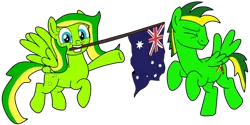 Size: 1024x513 | Tagged: safe, artist:didgereethebrony, derpibooru import, oc, oc:boomerang beauty, oc:didgeree, unofficial characters only, pegasus, pony, australia, australian flag, blue eyes, boomeree, cutie mark, female, flag, flag waving, flying, male, mare, simple background, stallion, transparent background