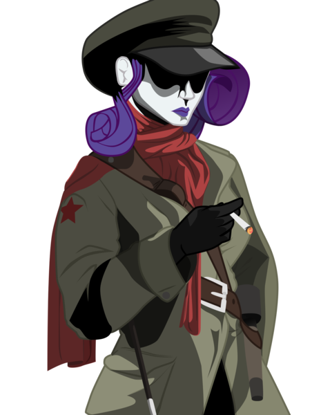 Size: 1592x2052 | Tagged: artist:aaronmk, cellshaded, cel shading, cigarette, clothes, derpibooru import, female, frown, grenade, hat, hidden eyes, human, humanized, hungary, lipstick, military uniform, purple lipstick, rarity, safe, scarf, shading, shadow, simple background, transparent background, trenchcoat, uniform, weapon, whip