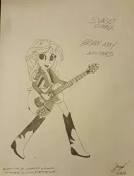 Size: 1330x1752 | Tagged: safe, artist:forzaveteranenigma, derpibooru import, sunset shimmer, equestria girls, black and white, brian may, grayscale, guitar, monochrome, musical instrument, queen, solo, trace, traditional art