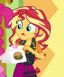 Size: 778x937 | Tagged: safe, derpibooru import, screencap, pinkie pie, sunset shimmer, a fine line, equestria girls, equestria girls series, burger, clothes, cropped, female, food, geode of empathy, hamburger, jacket, leather jacket, magical geodes, meat, offscreen character, skirt