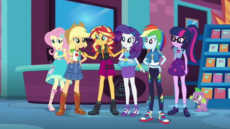 Size: 1920x1080 | Tagged: safe, derpibooru import, screencap, applejack, fluttershy, rainbow dash, rarity, sci-twi, spike, spike the regular dog, sunset shimmer, twilight sparkle, dog, a fine line, equestria girls, equestria girls series, boots, clothes, converse, cowboy hat, denim skirt, geode of empathy, geode of fauna, geode of shielding, geode of super speed, geode of super strength, geode of telekinesis, glasses, hat, high heel boots, high heels, jacket, leather jacket, magical geodes, mall, ponytail, sandals, shoes, skirt, sneakers, stetson, store