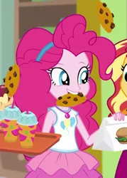 Size: 773x1079 | Tagged: safe, derpibooru import, screencap, pinkie pie, sunset shimmer, a fine line, equestria girls, equestria girls series, burger, cheeseburger, cookie, cropped, cute, diapinkes, drink, female, food, geode of sugar bombs, hamburger, headband, magical geodes, offscreen character, smiling