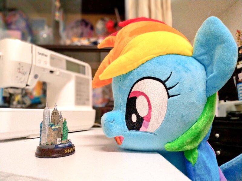 Size: 1024x768 | Tagged: safe, artist:nekokevin, derpibooru import, rainbow dash, pegasus, pony, cute, dashabetes, female, irl, looking at something, mare, new york, new york city, open mouth, photo, plushie, sewing machine, smiling, solo, stare