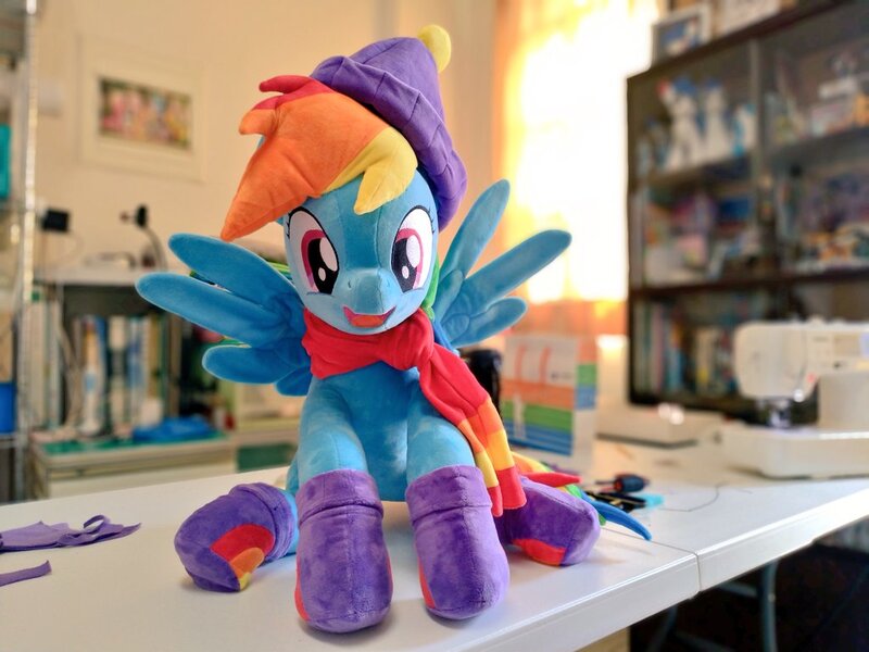 Size: 1024x768 | Tagged: safe, artist:nekokevin, derpibooru import, rainbow dash, pegasus, pony, clothes, cute, dashabetes, female, hat, irl, looking at you, mare, open mouth, photo, plushie, scarf, sitting, smiling, socks, solo, spread wings, wings, winter outfit