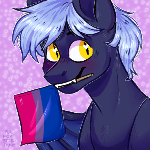 Size: 800x800 | Tagged: safe, artist:stardust_purfox, derpibooru import, oc, oc:sagittarius, bat pony, pony, bisexual pride flag, cute, lgbt, male, mouth hold, pride, pride flag, solo, wings