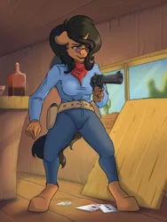 Size: 1500x2000 | Tagged: safe, artist:kittytitikitty, derpibooru import, oc, unofficial characters only, anthro, unguligrade anthro, unicorn, alcohol, card, glasses, gun, handgun, revolver, solo, weapon, whiskey, whiskey bottle