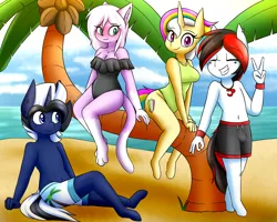Size: 2500x2000 | Tagged: safe, artist:rice, derpibooru import, oc, oc:nyuchi, oc:shabaco, oc:tiorafa, oc:trinity deblanc, unofficial characters only, anthro, earth pony, unicorn, beach, belly button, blushing, clothes, coconut tree, collar, furry, group, one-piece swimsuit, sand, shorts, smiling, swimsuit
